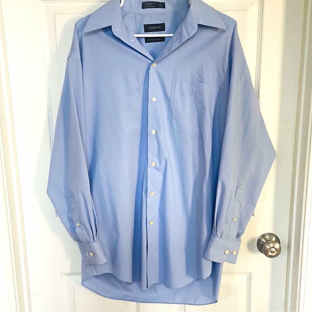 Claiborne Wrinkle Free Men's Solid Blue Cotton Dress Shirt 16 32/33 Large